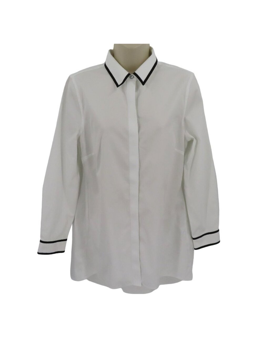 Chicos Womens 0 4/6 White Black Trim Collared Rhinestone Button Front Shirt Top